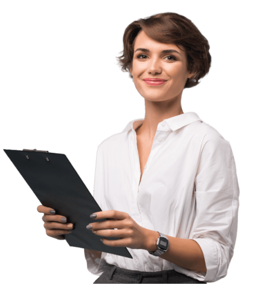 Smiling student advisor holding a clipboard